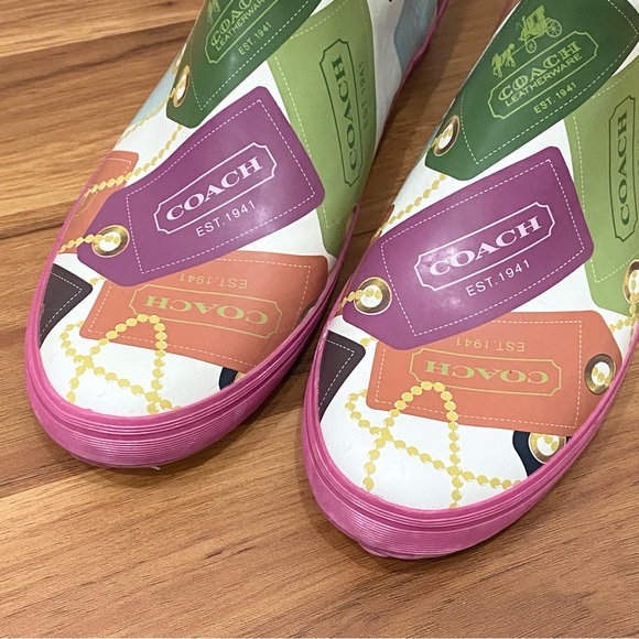 COACH F2460 Pammie Hang Tags Printed Colorful Fun Rain Boots Rubber Size 9B - Picture 7 of 16